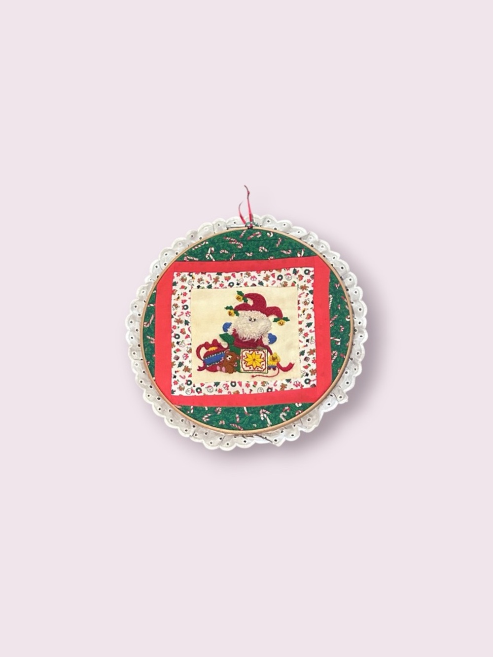 Vintage Handmade Quilt Style Festive Santa Embroidered Wall Hanging